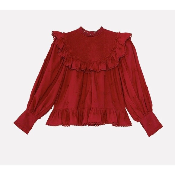 Farm Rio Women's Red 3D Heart Red Blouse Long Sleeve Smocked - Picture 1 of 16